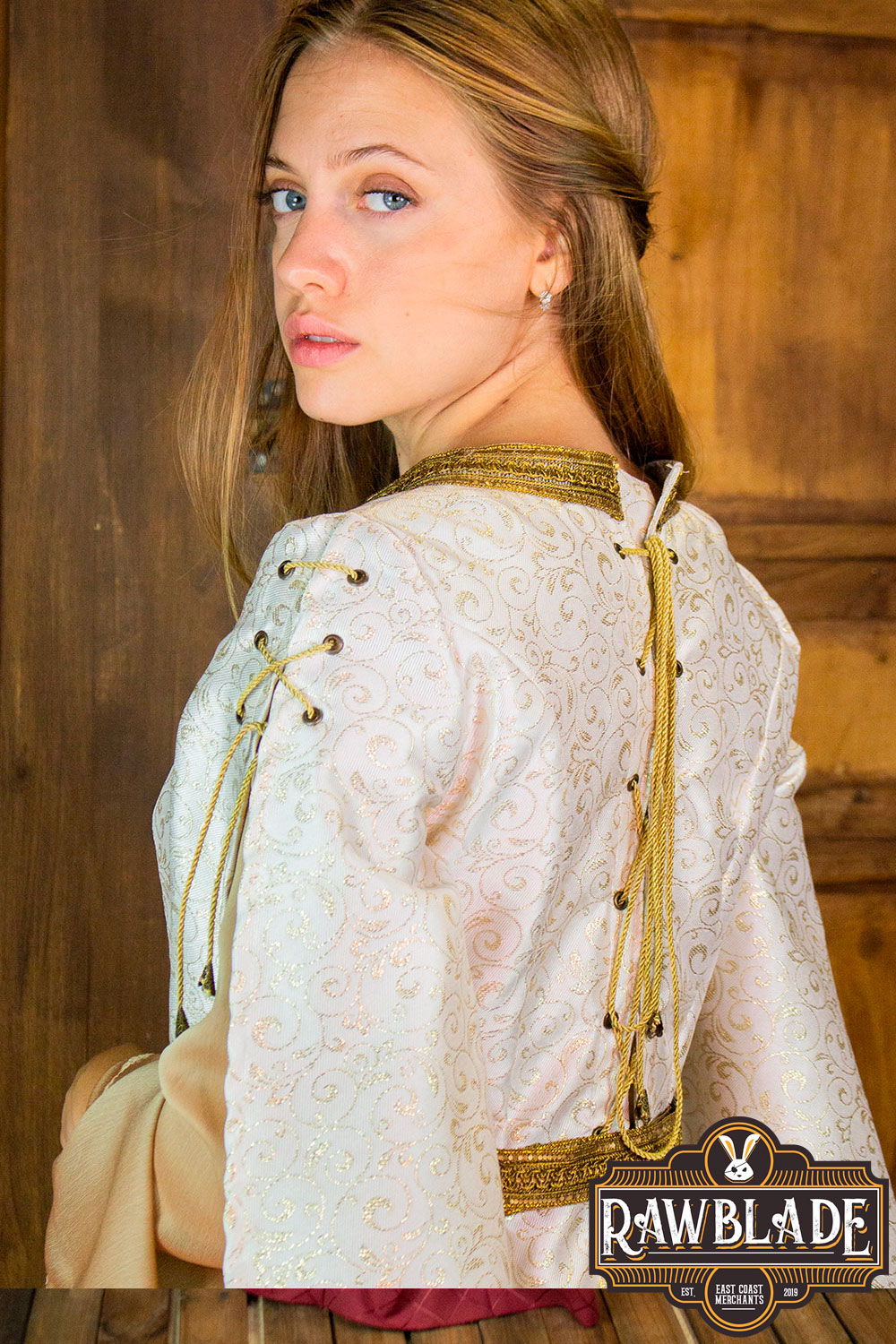 Aquitania Noble Dress featuring double tulle sleeves and intricate gold trims, ideal for medieval elegance.