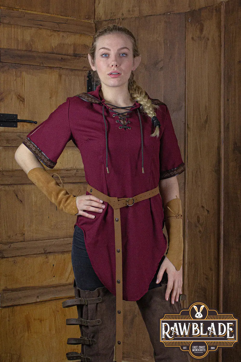 Aquitania Noble Dress in rich burgundy with intricate details, ideal for medieval-themed events and LARP.