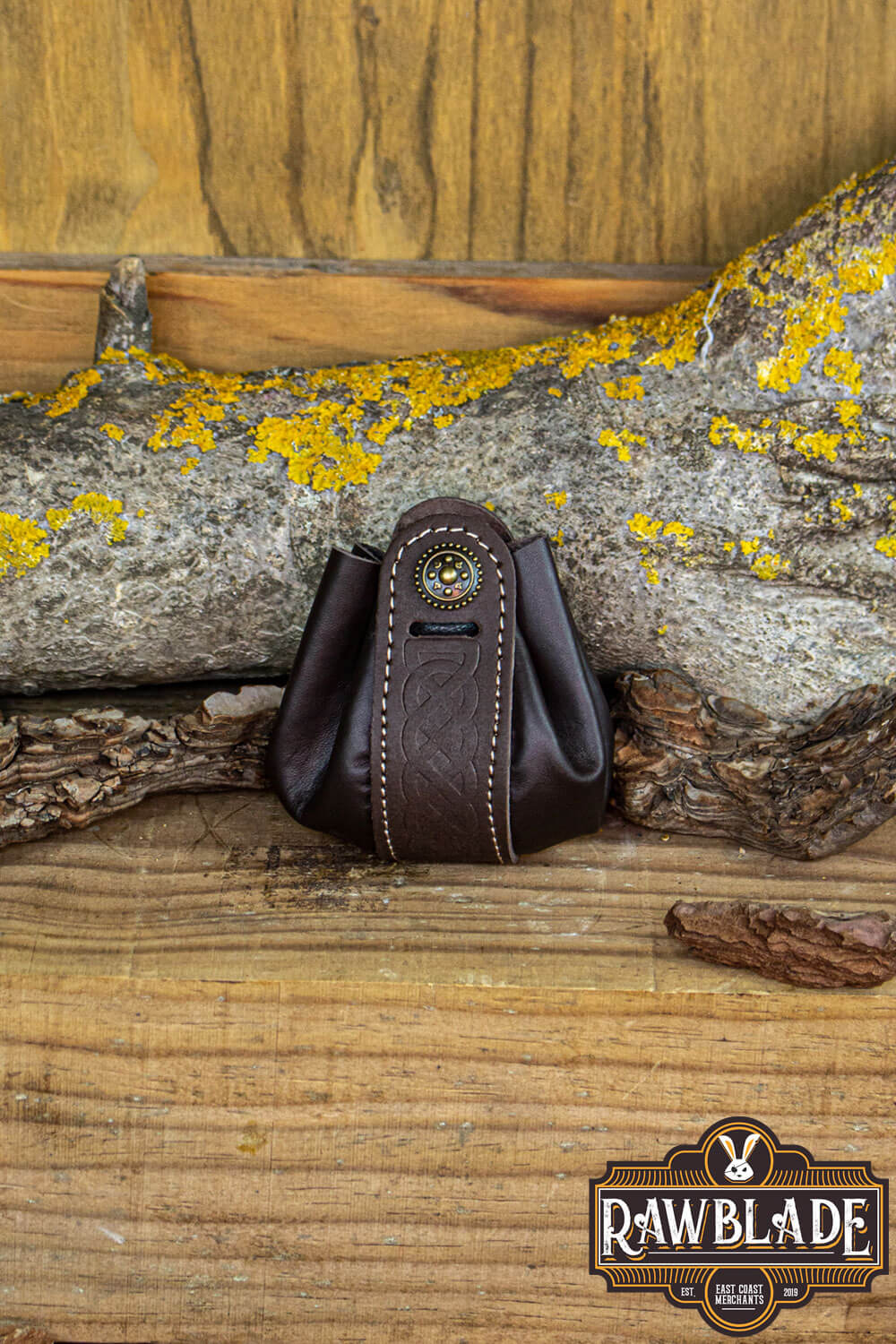 Wanderer Pouch Small, brown leather bag with Celtic motifs, handcrafted for stylish convenience.