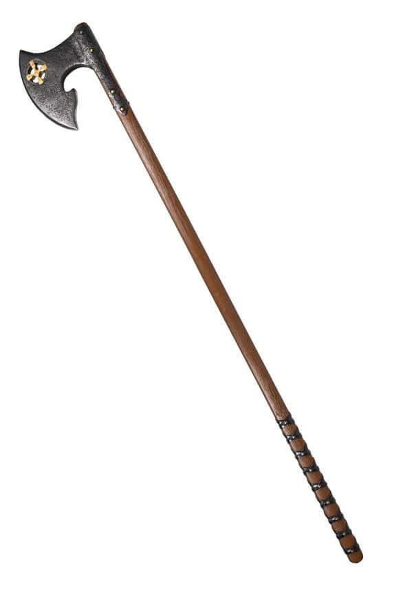 Yngvar II poleaxe with a steel-colored head and gold cross, designed for safe and realistic battles.
