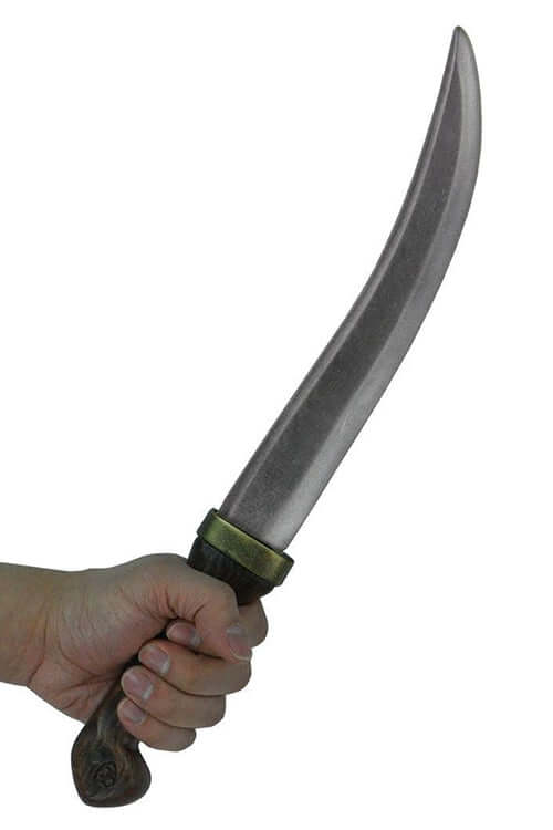 Ahab Dagger held in hand, featuring a curved blade and rich wooden handle with gold accents.