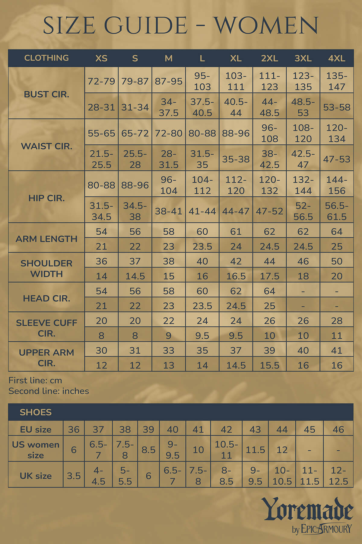 Yoremade women's size guide with clothing and shoe measurements