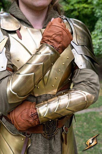 Person wearing elaborate golden metallic bracers, chestplate, and gloves for LARP costume