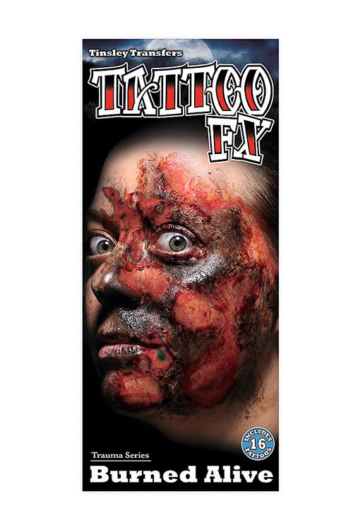 Burned Alive Temporary Tattoo packaging featuring realistic skin effects and horror elements.