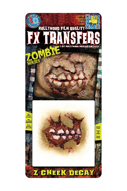 Zombie Cheek Decay 3D FX Transfers packaging showcasing realistic zombie effect for spooky makeup.