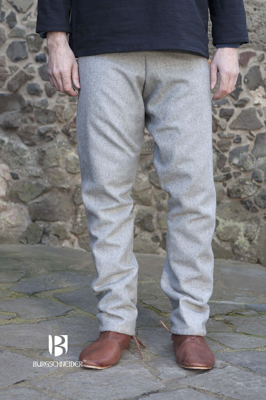 Wool Thorsberg Pants Fenris in grey, authentic early medieval style by Burgschneider, ideal for Viking outfits.