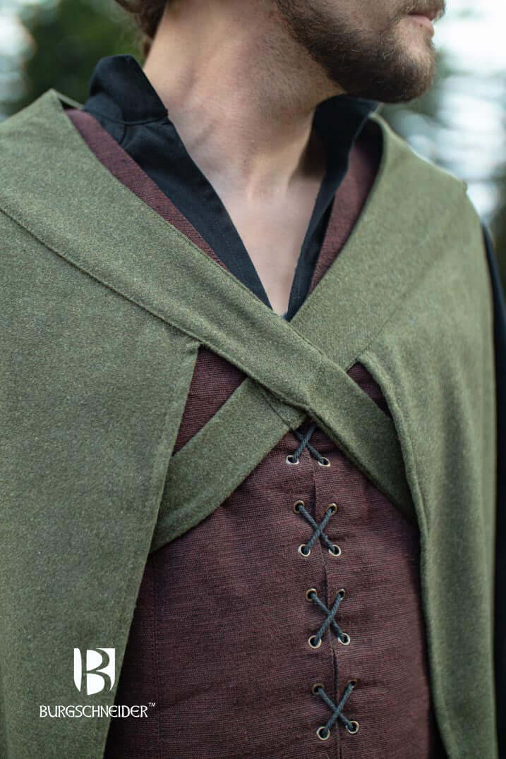 Close-up of Cape Justus, a heavy wool blend blazer with chest-crossing bindings, ideal for ranger outfits.