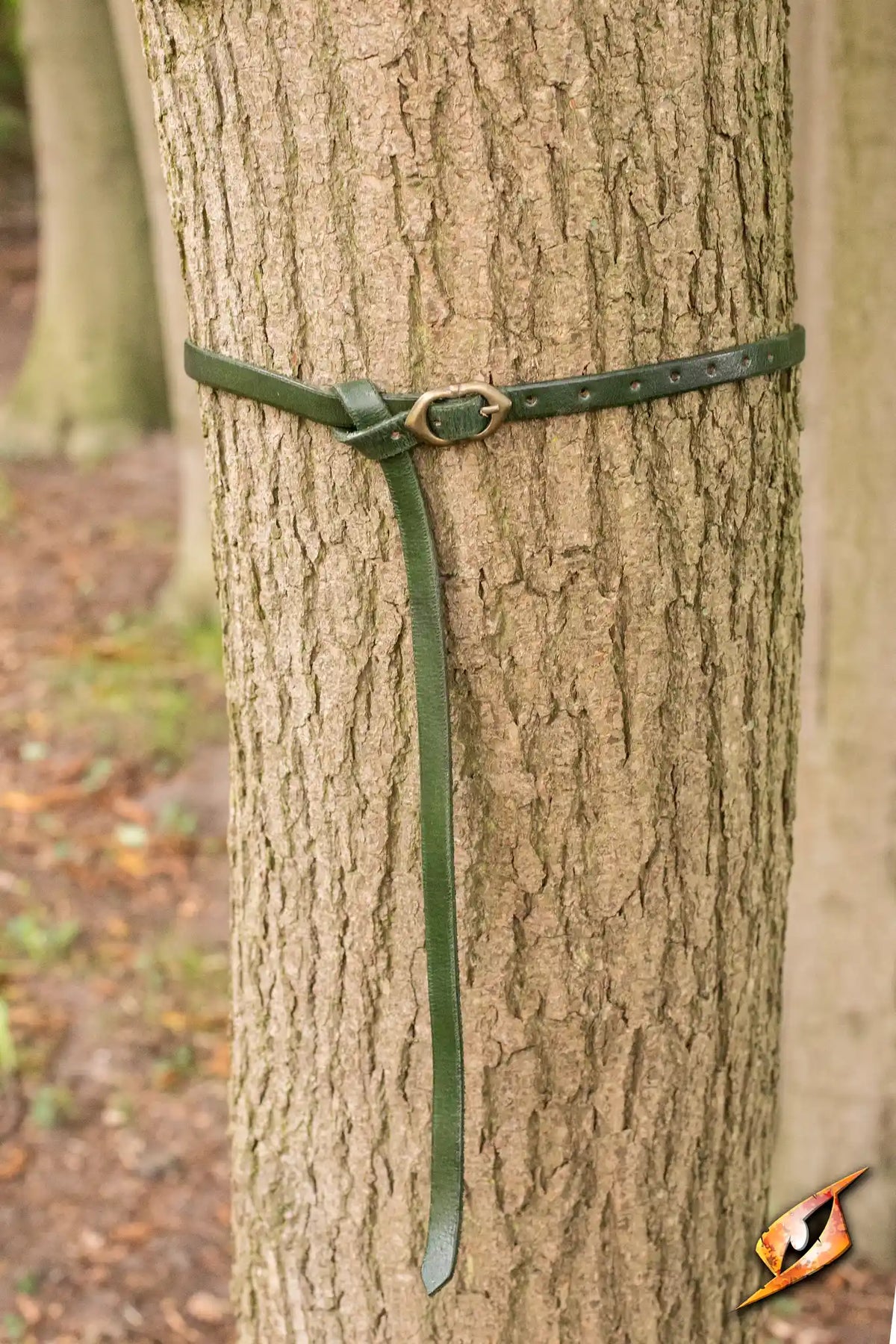 Belt Godfrey handcrafted green leather belt wrapped around a tree trunk in a natural setting.