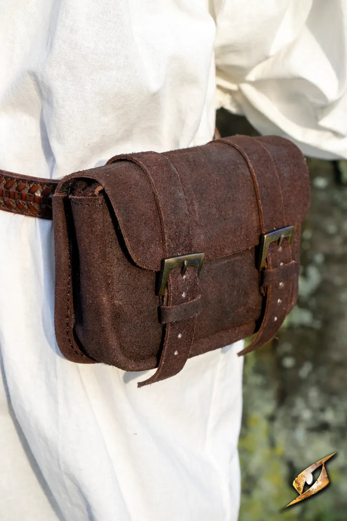 Warrior bag - Suede - Large worn on a belt, showcasing its stylish design and durable material.