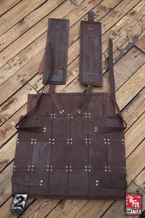 2Q - RFB Fighter Leather Armour displayed on wooden surface for battle enthusiasts.