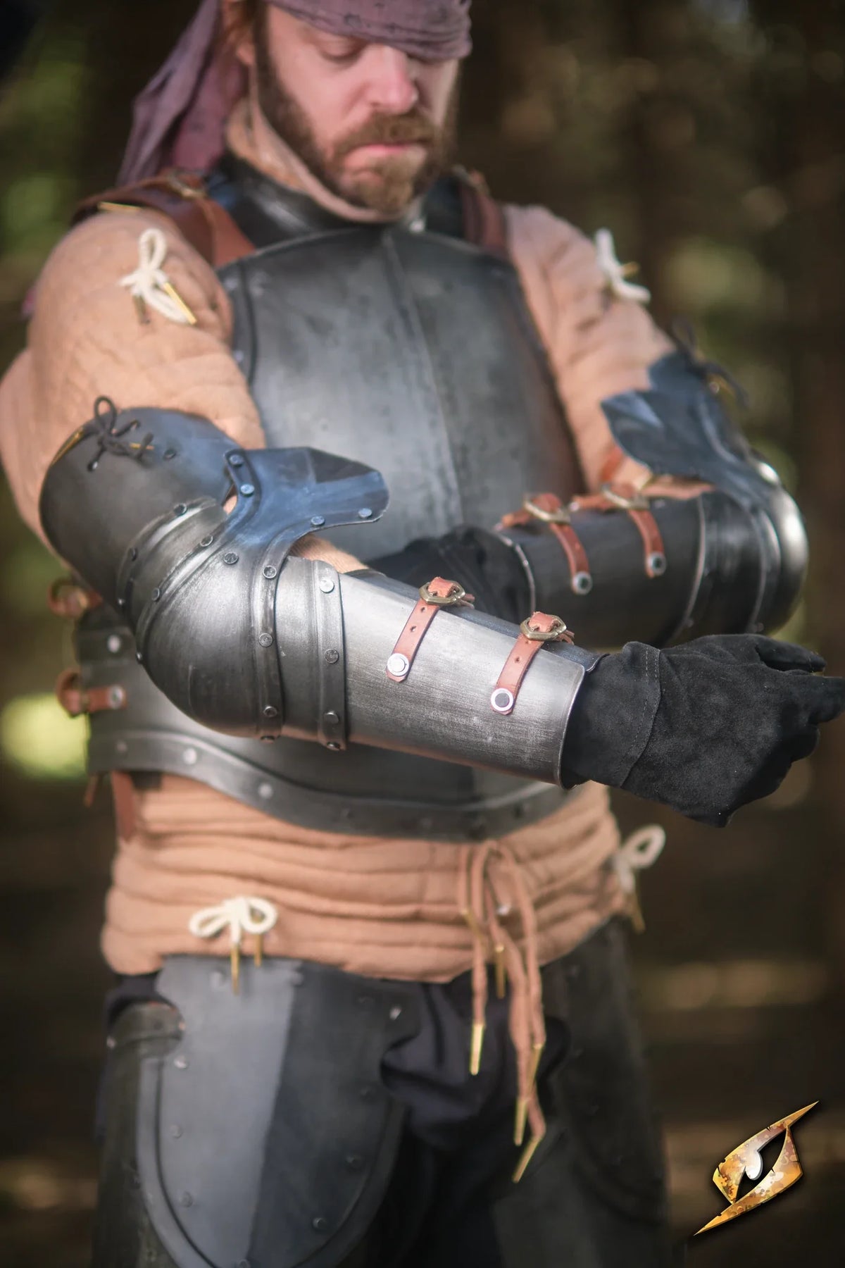 Captain Arm Protection displayed on a warrior wearing polished steel arm armor with leather straps.