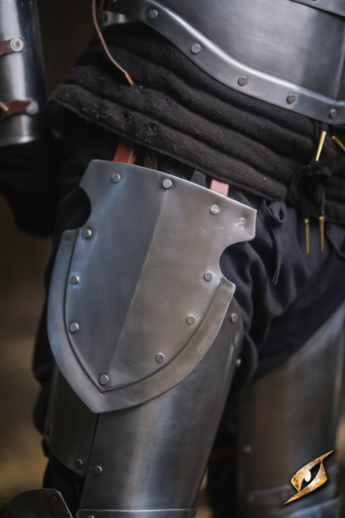 Detailed view of Captain Belt Shields, showcasing polished steel protection for the battlefield.