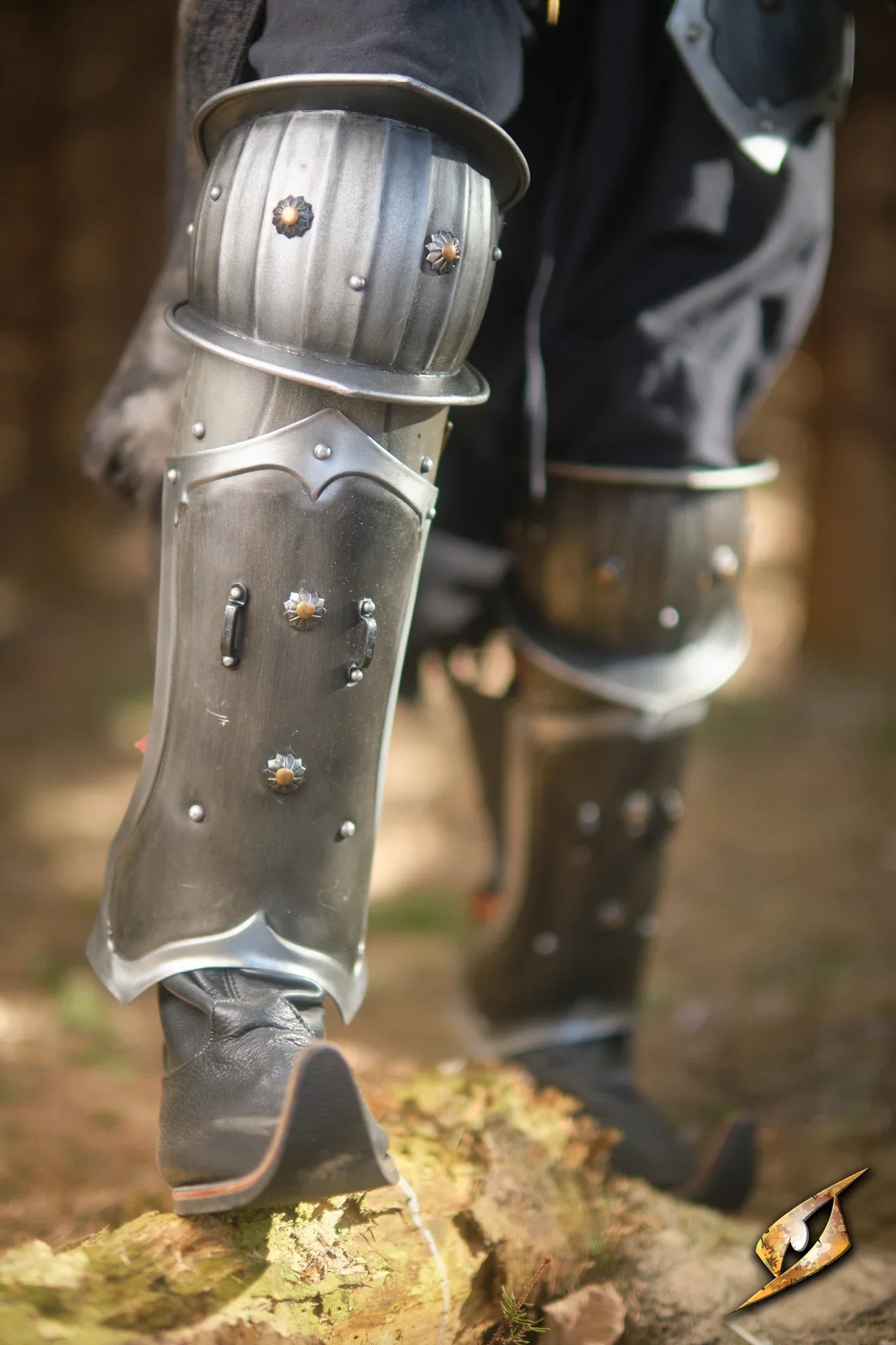 Close-up of metallic armor on a person's leg with a blurred natural background