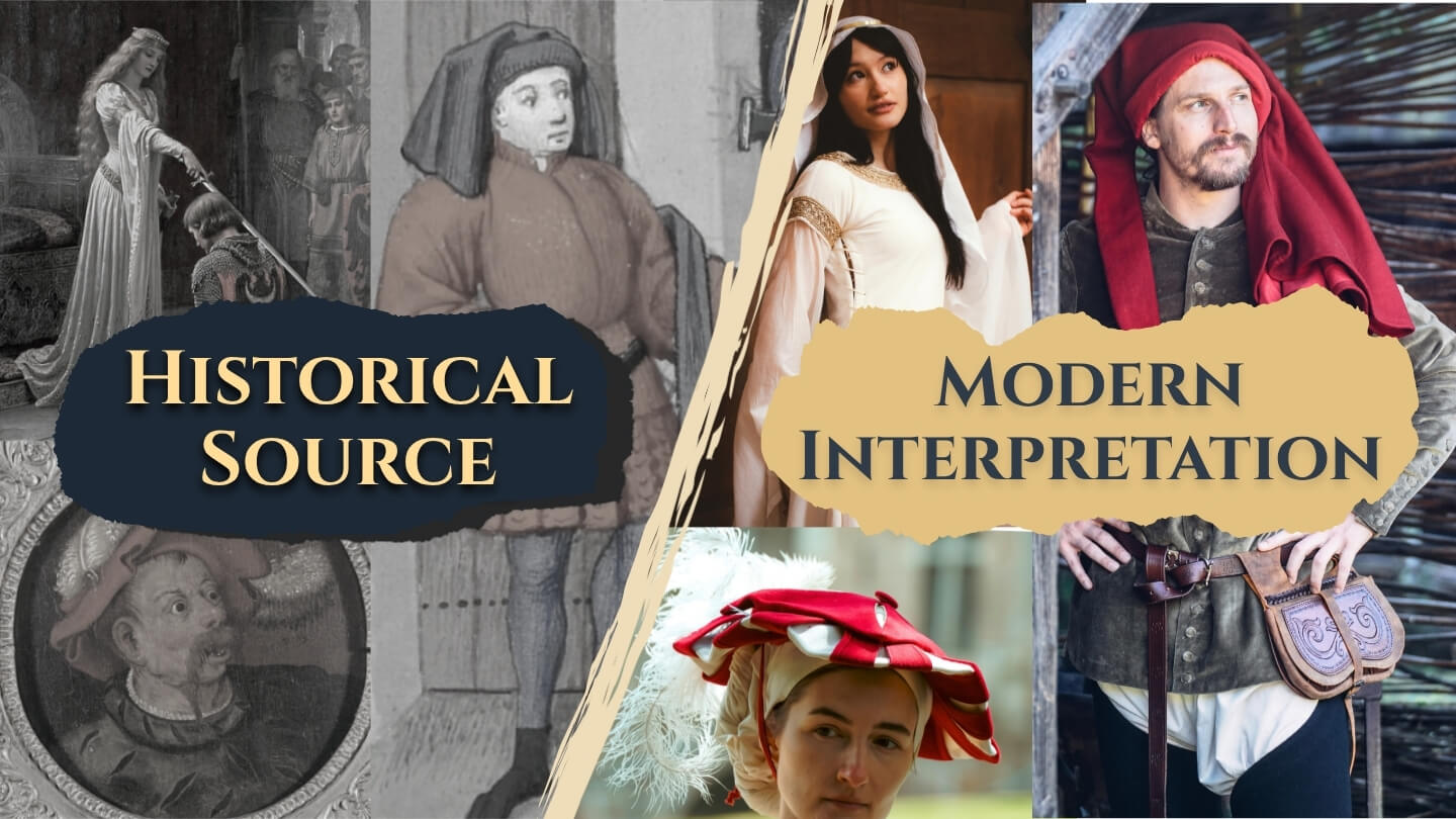 Comparison between historical source and modern interpretation of people in period attire.