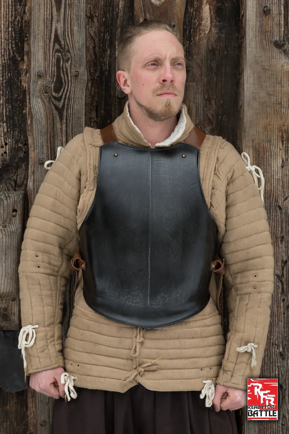 RFB Breastplate worn by soldier, showcasing its design and historical significance in battle.