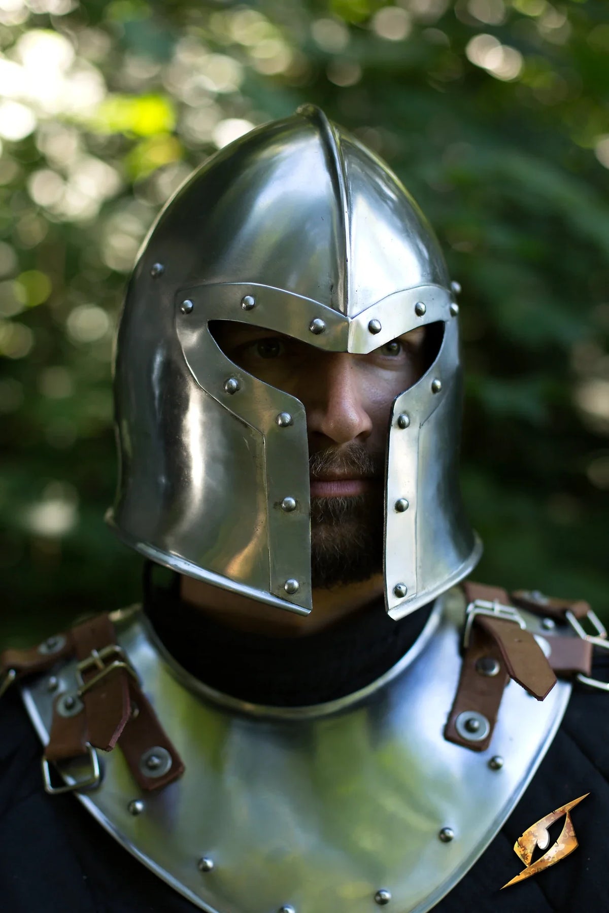 Close-up of a soldier wearing a shiny Barbuta helmet with detailed straps and armor.