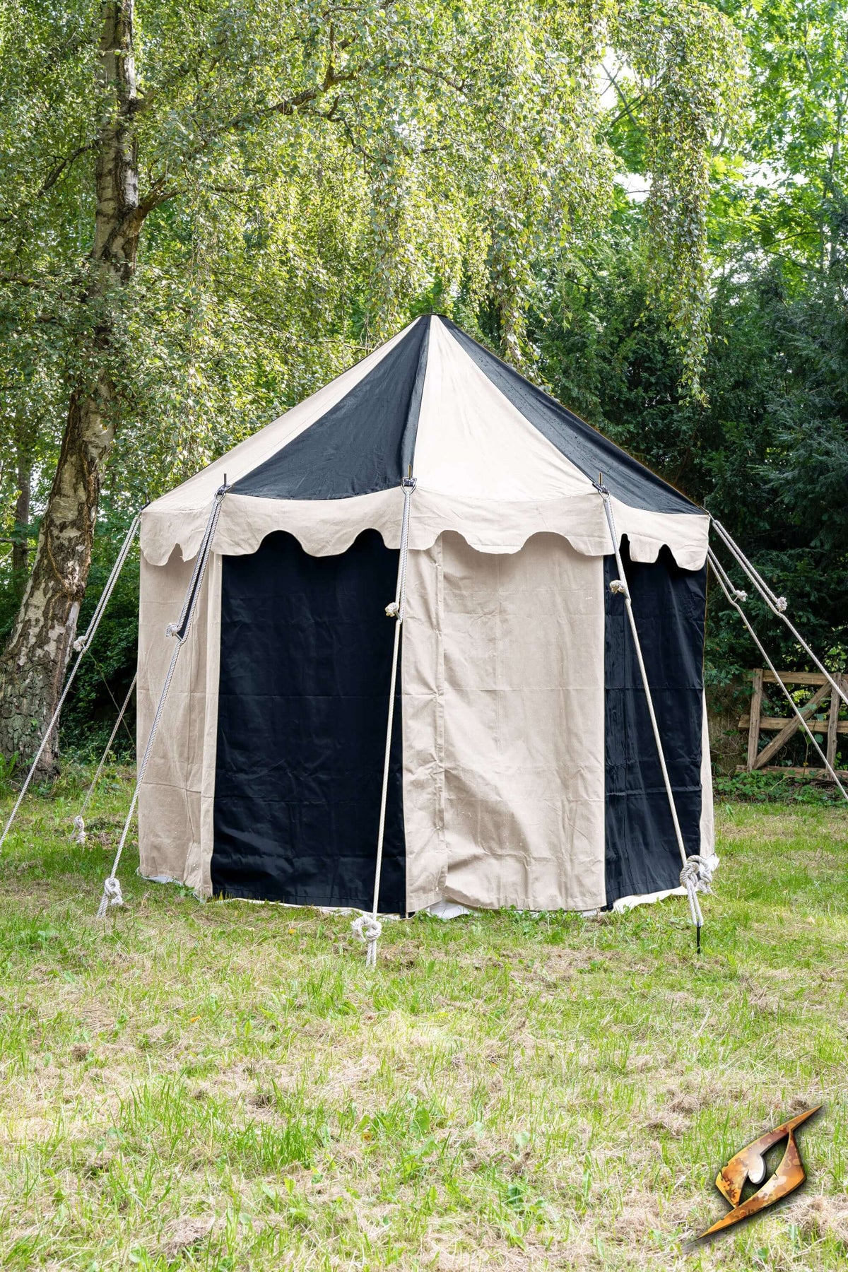 Round Pavilion Tent - 3m set up in a grassy area with trees in the background, featuring a black and beige design.