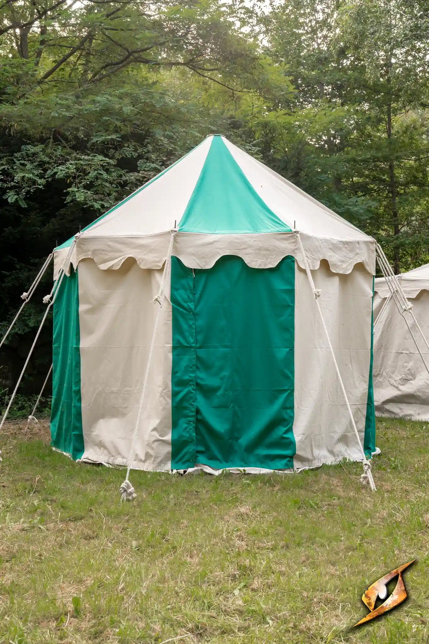 Round Pavilion Tent - 3m with green and cream exterior set in a natural outdoor setting.