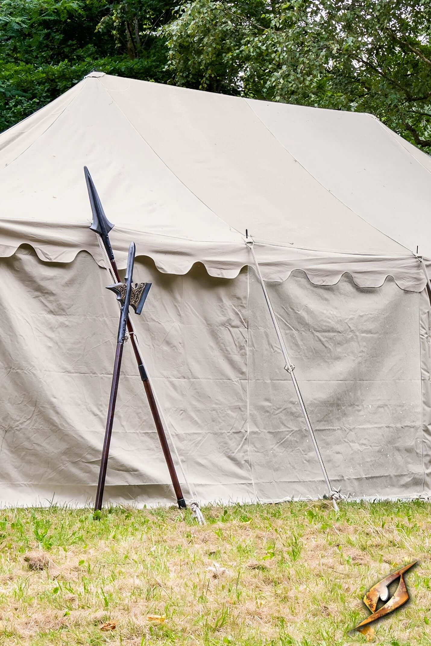Marquee Tent - Sides - 5x8m featuring a beige tent with a spear and flag on display.
