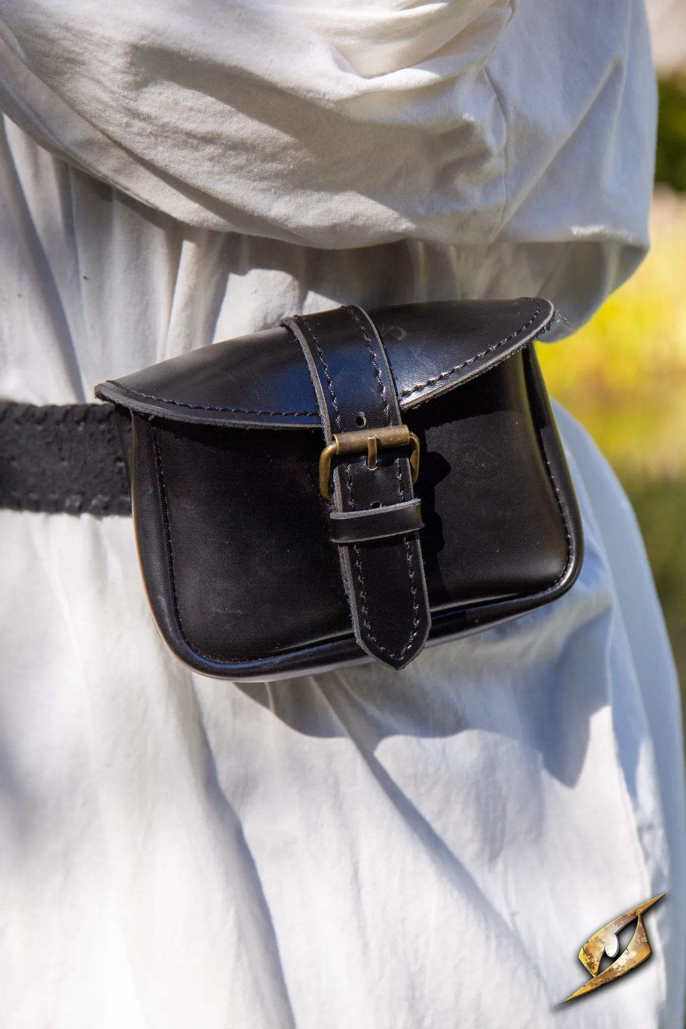Warrior Bag - Faux Leather - Small in Epic Black attached to a belt, ideal for carrying essential items.