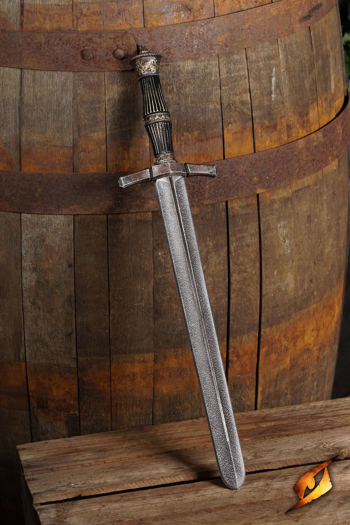 Blocking Dagger displayed on rustic wooden barrel background, highlighting its design and craftsmanship.