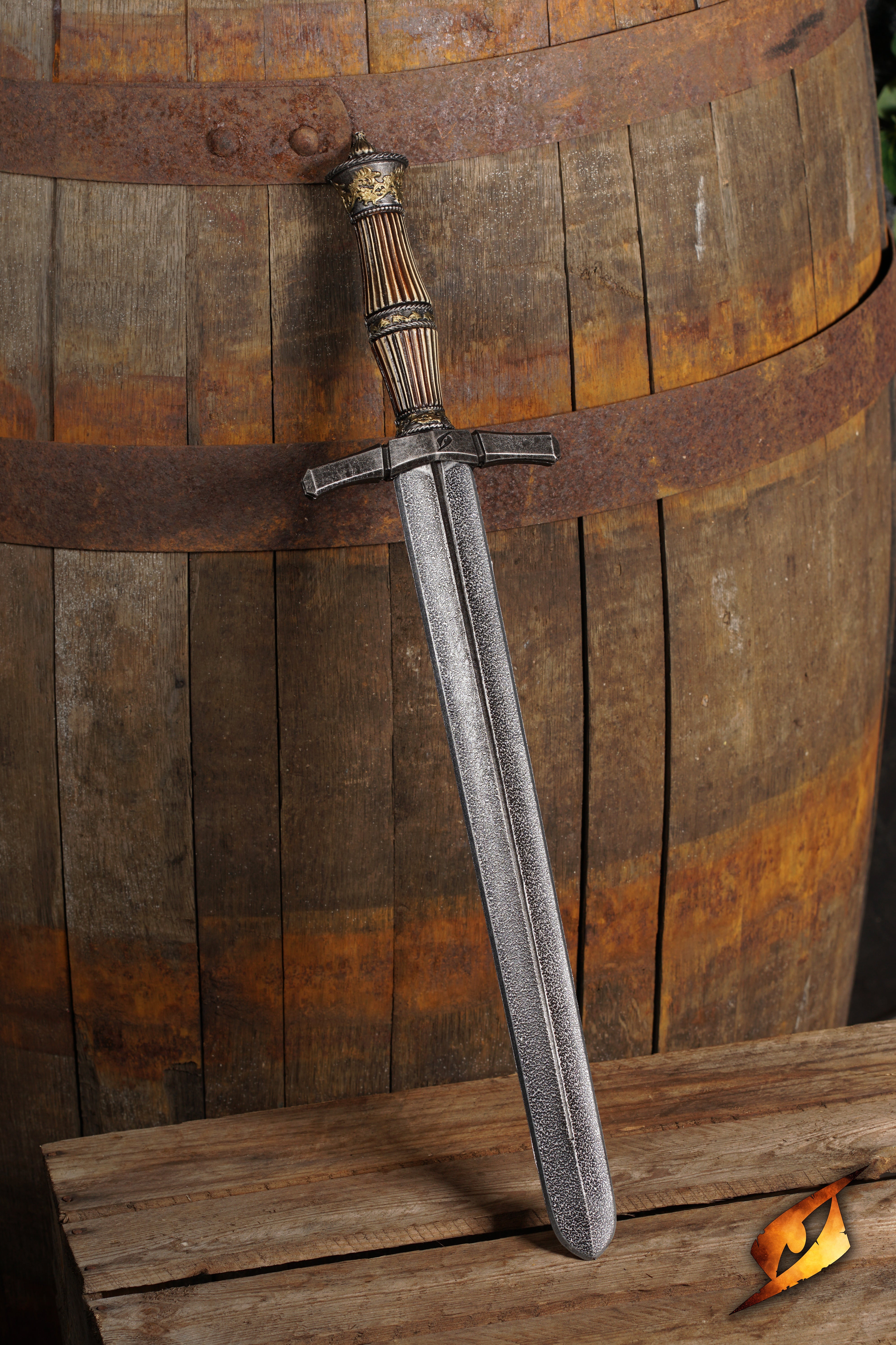 Blocking Dagger displayed on a wooden barrel, showcasing its sleek design and impressive craftsmanship.