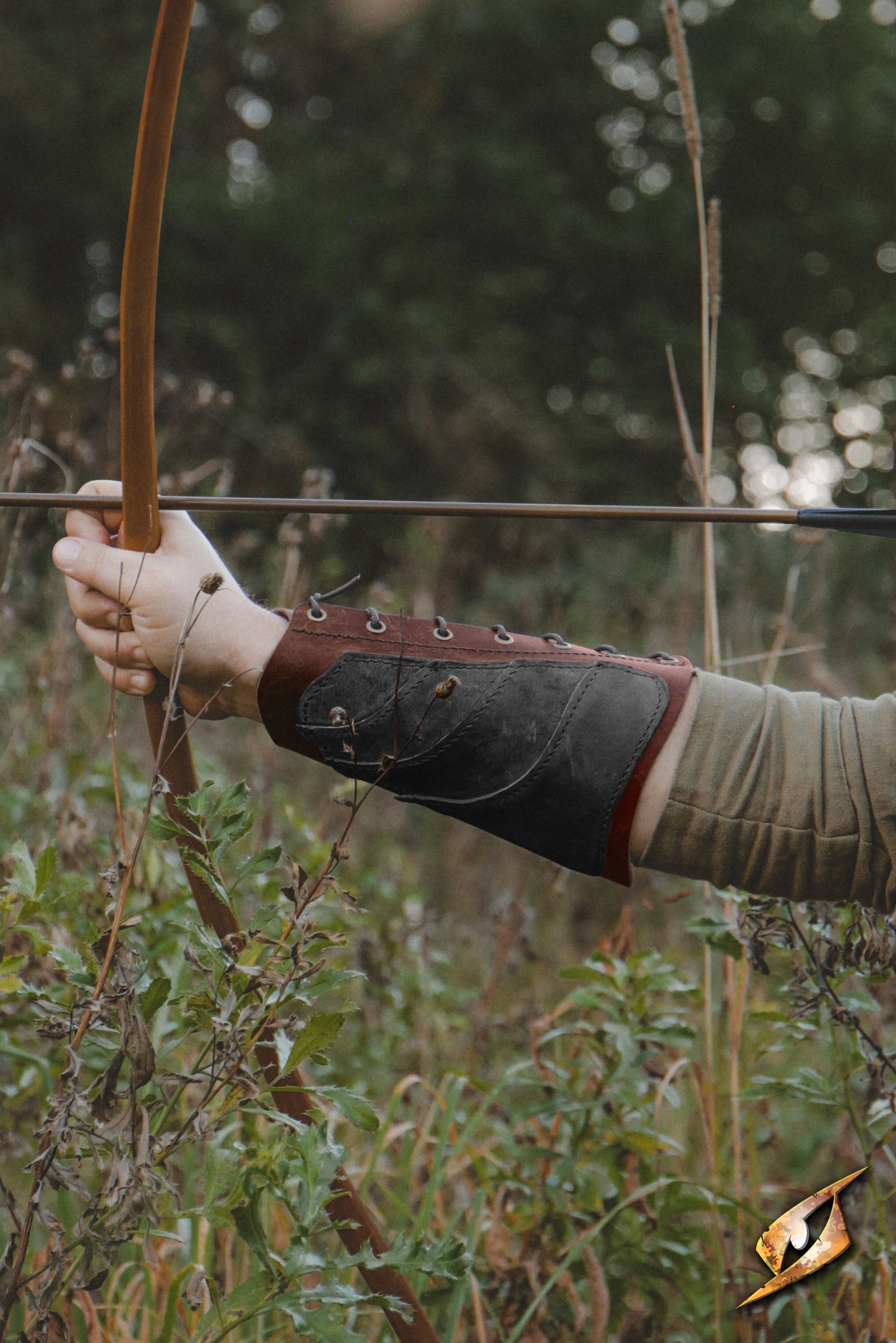 Glade Warden Bracer worn while aiming a bow in a natural setting, showcasing comfort and style.