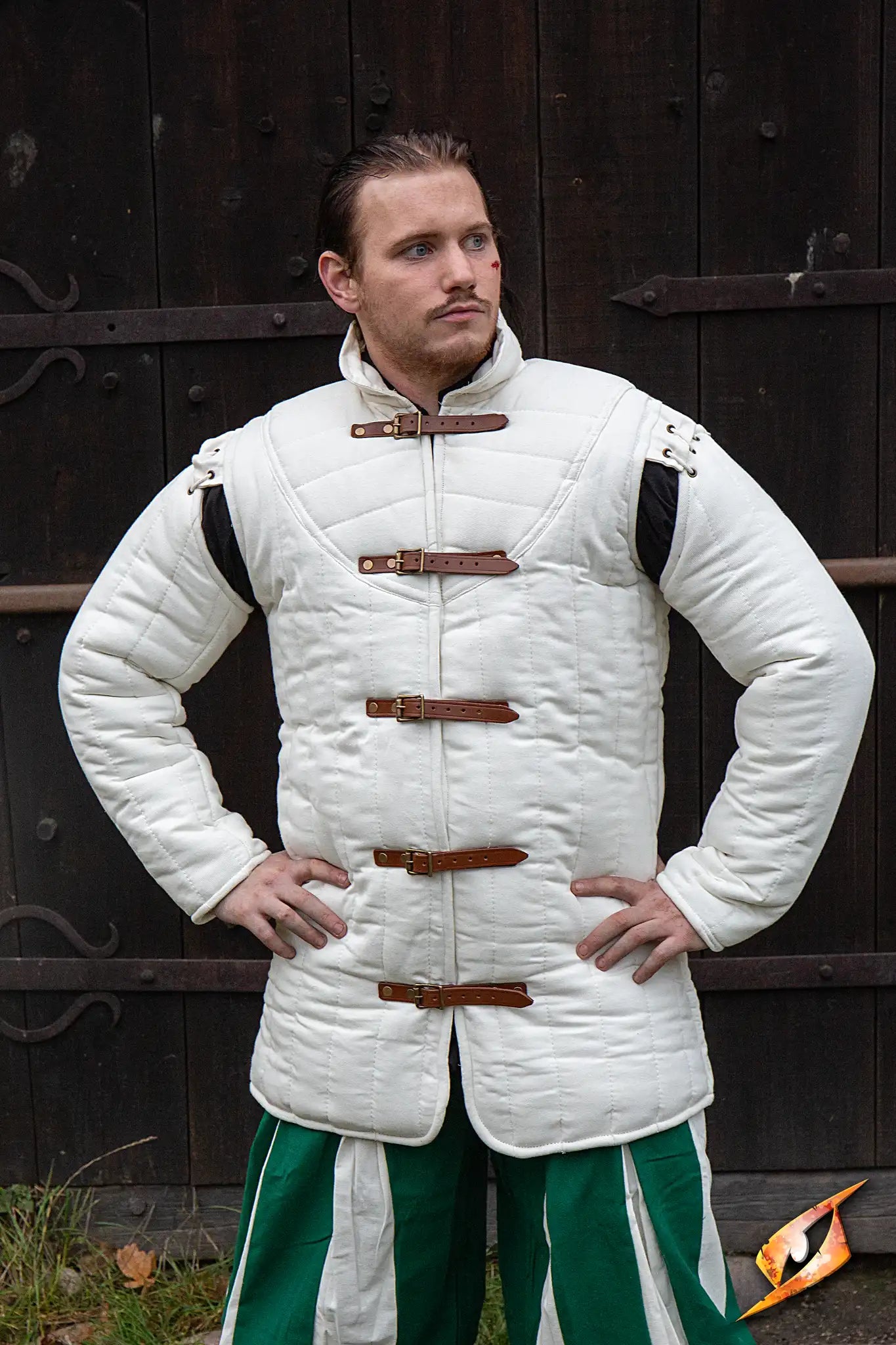Gambeson Warrior With Long Sleeves, featuring a white padded design with leather straps, ideal for medieval reenactments.