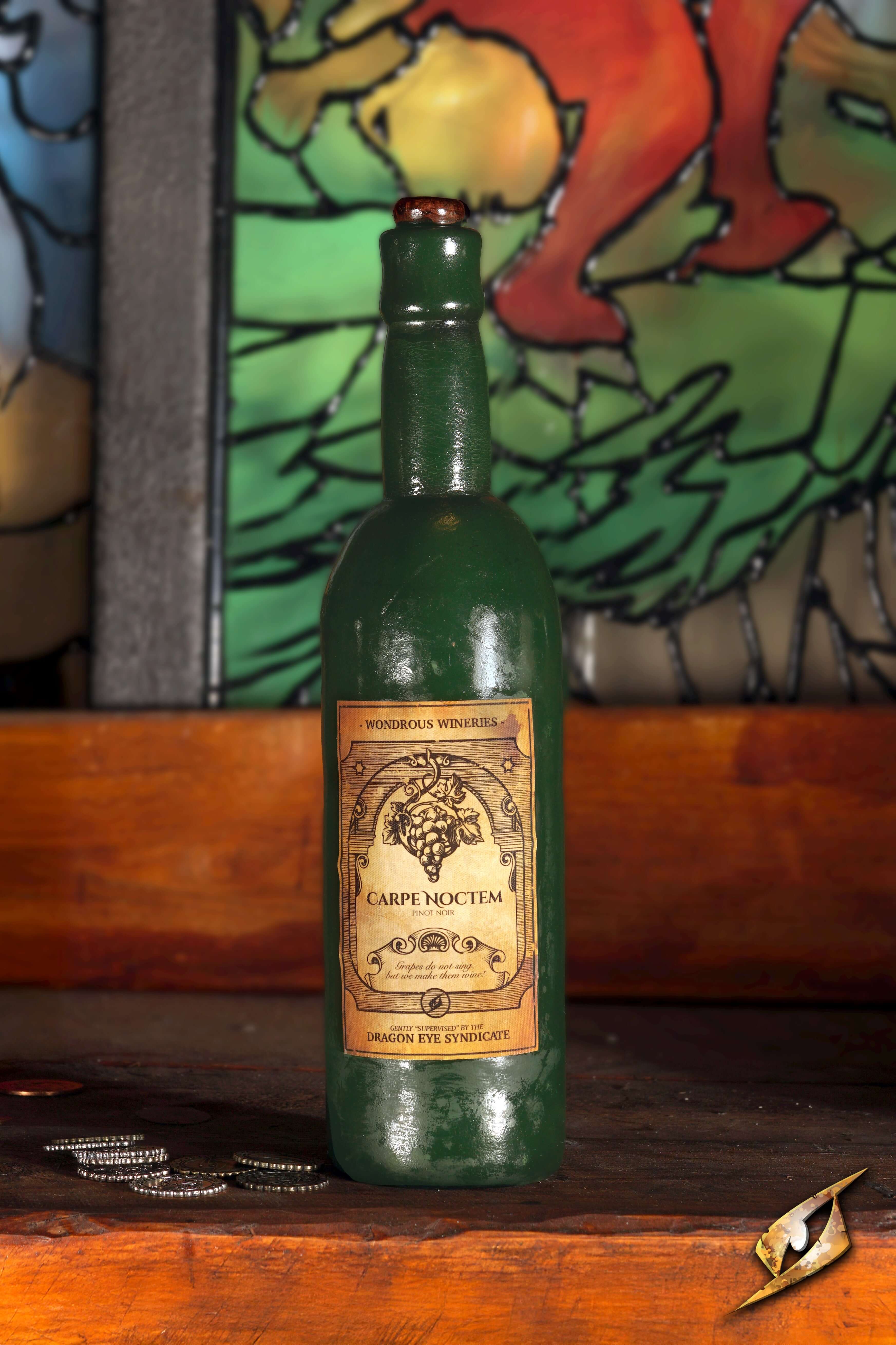 Wine Bottle - “Carpe Noctem” in dusky green with a label, perfect for late-night gatherings.