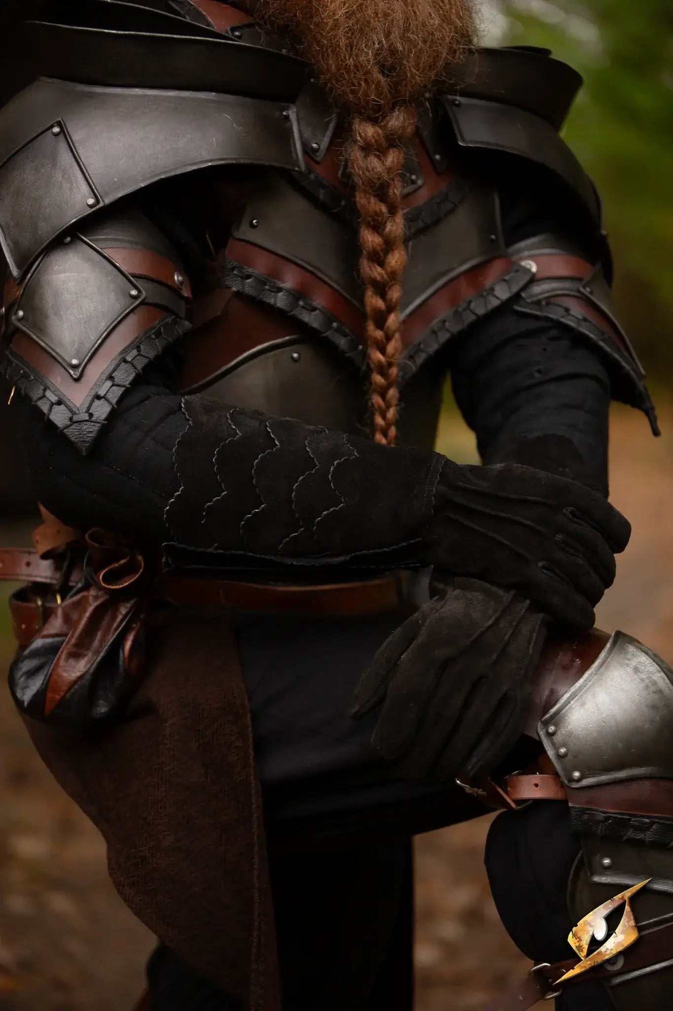 Scales Gloves - Suede worn by a LARP character showcasing armor with an embossed scale pattern in Epic Black.