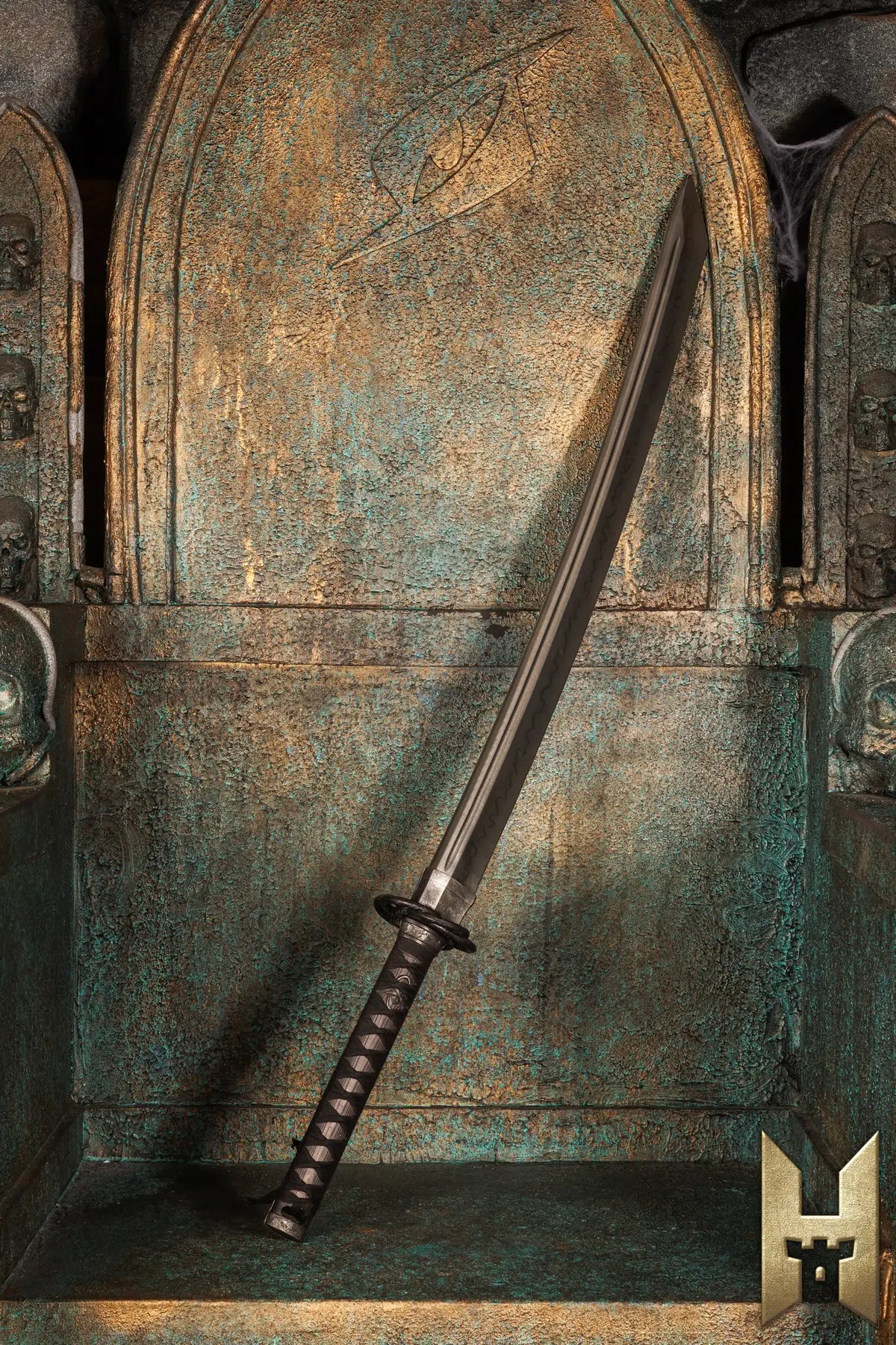 Ryūgan the Katana resting on a throne, showcasing its elegant design and beautiful blade finish.