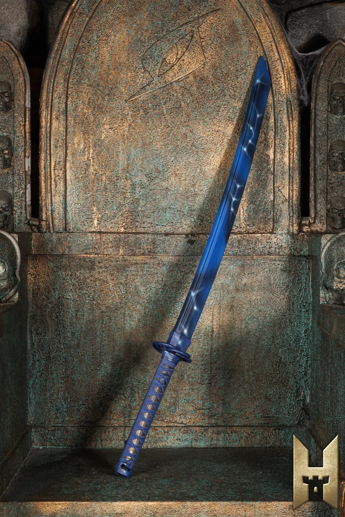 Ryūgan the Katana resting on an ornate throne, showcasing its elegant blue blade and detailed hilt design.