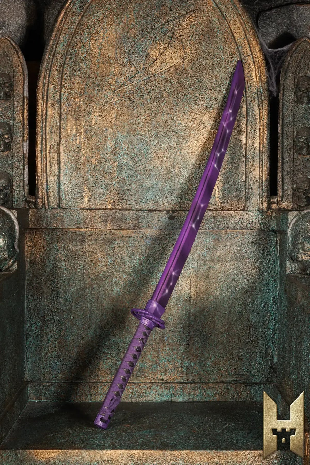 Ryūgan the Katana displayed on a decorative throne, showcasing its elegant purple design and fantasy style.