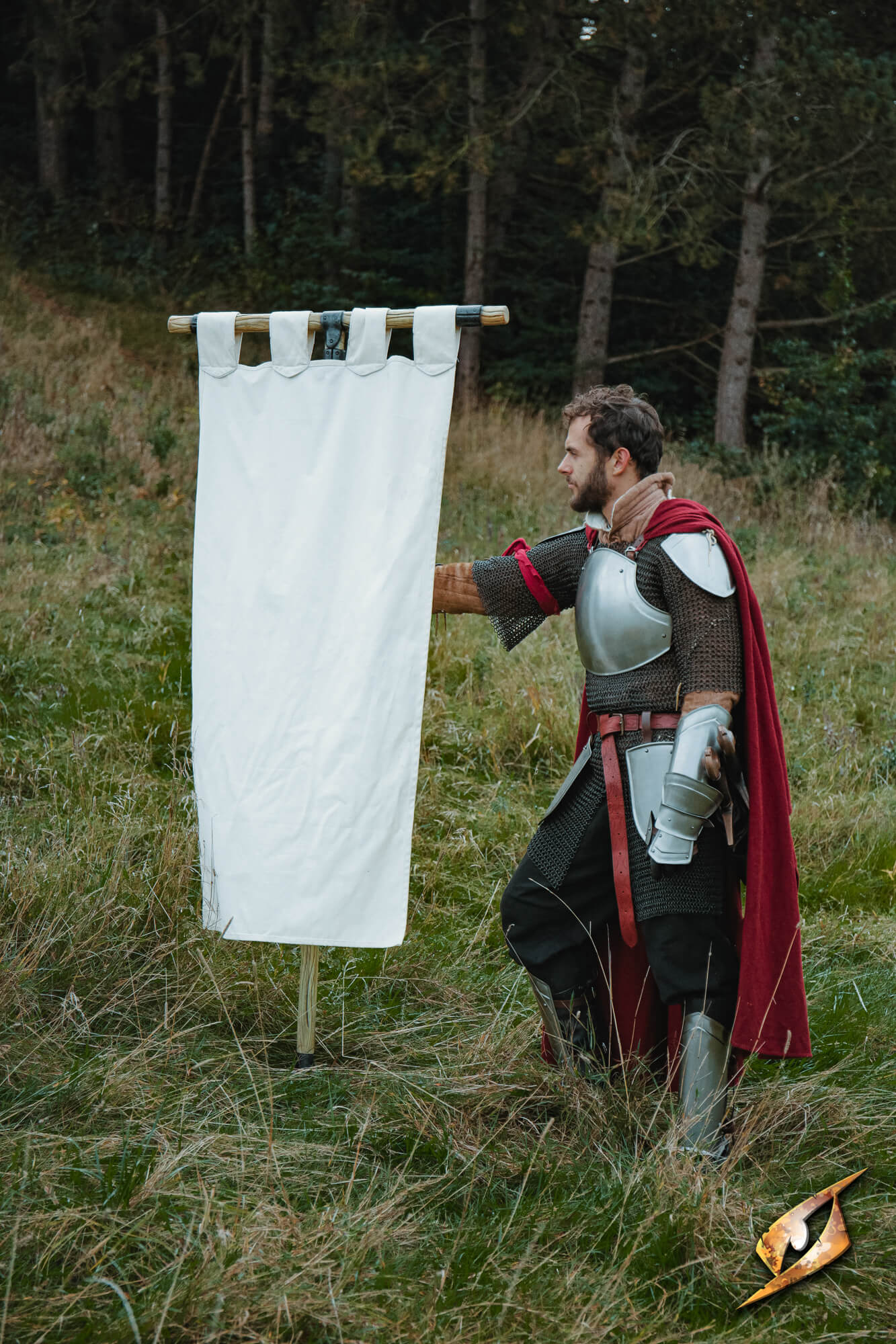 Complete Battle Standard Set - T-Top displayed by a knight in armor on a grassy field.