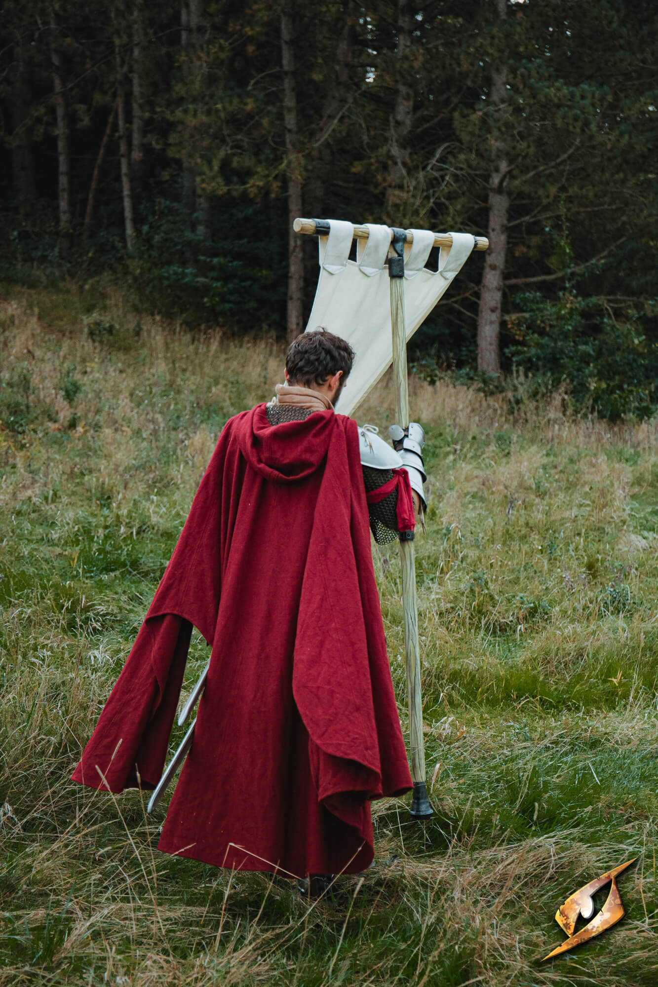 Complete Battle Standard Set - T-Top displayed in a LARP setting with a person in a red cloak.