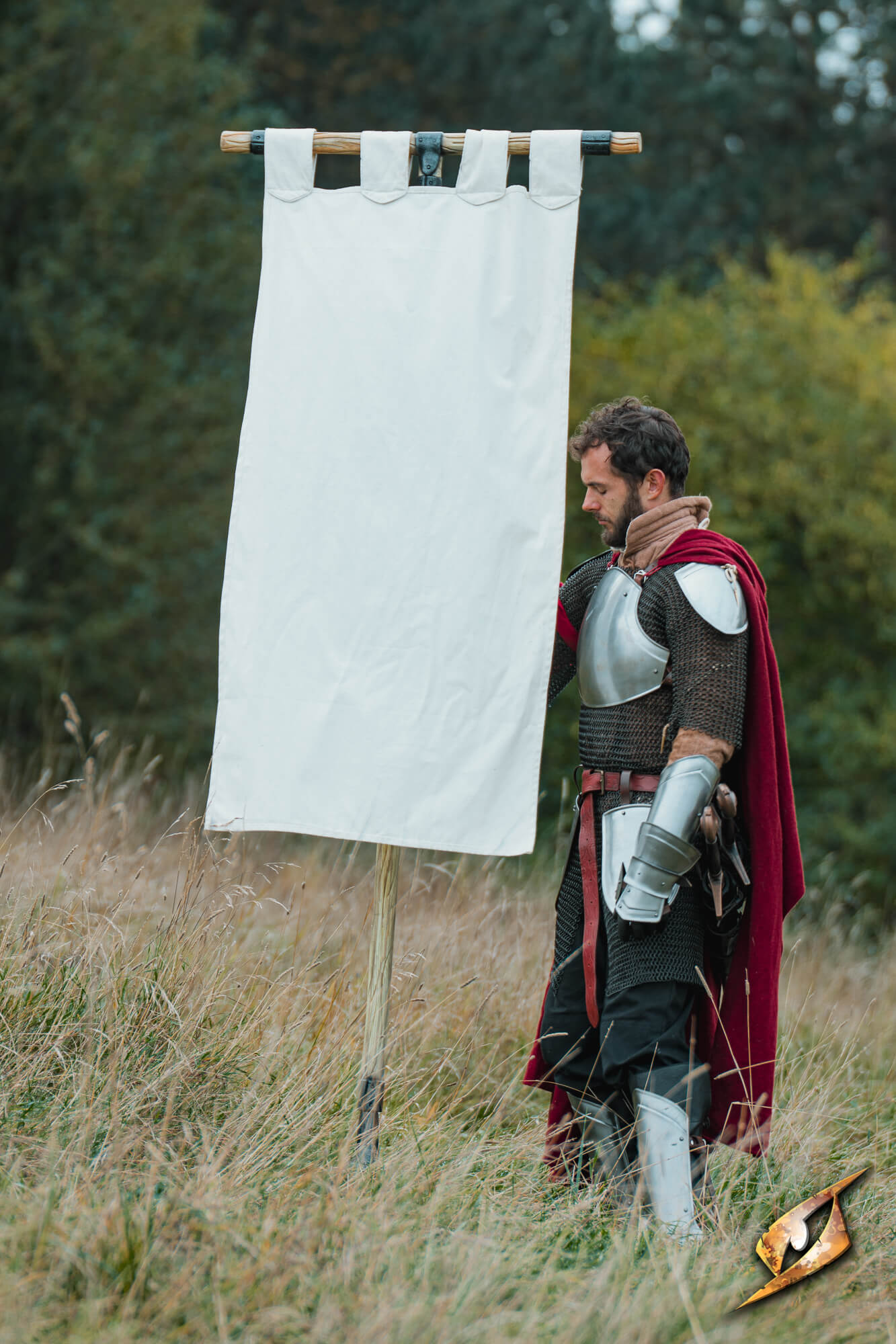 Complete Battle Standard Set - T-Top shown with a knight in armor holding a white banner in a field.
