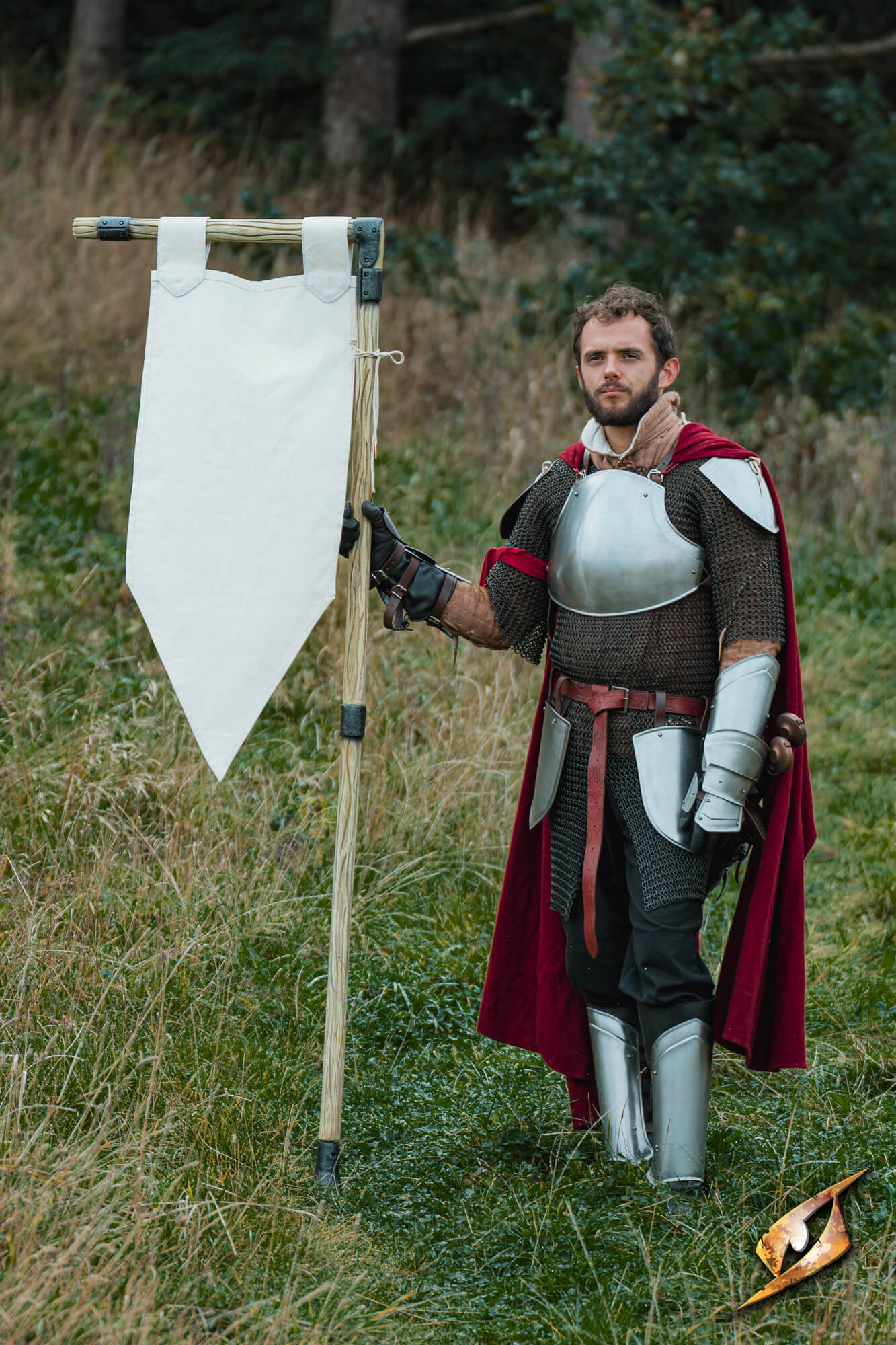 Complete Battle Standard Set - L-Top featuring a warrior holding a banner pole in a natural setting.