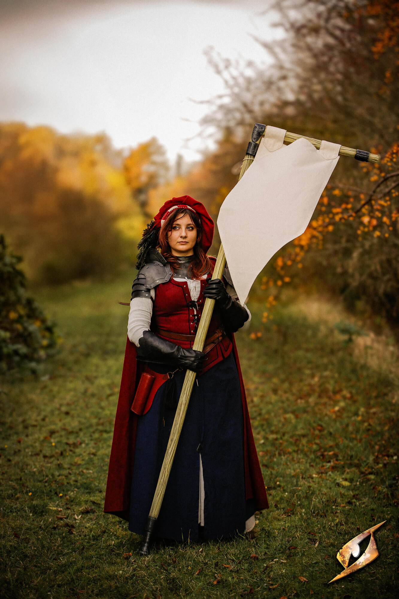 Complete Battle Standard Set - L-Top in use by a cosplayer holding a banner in a natural setting.