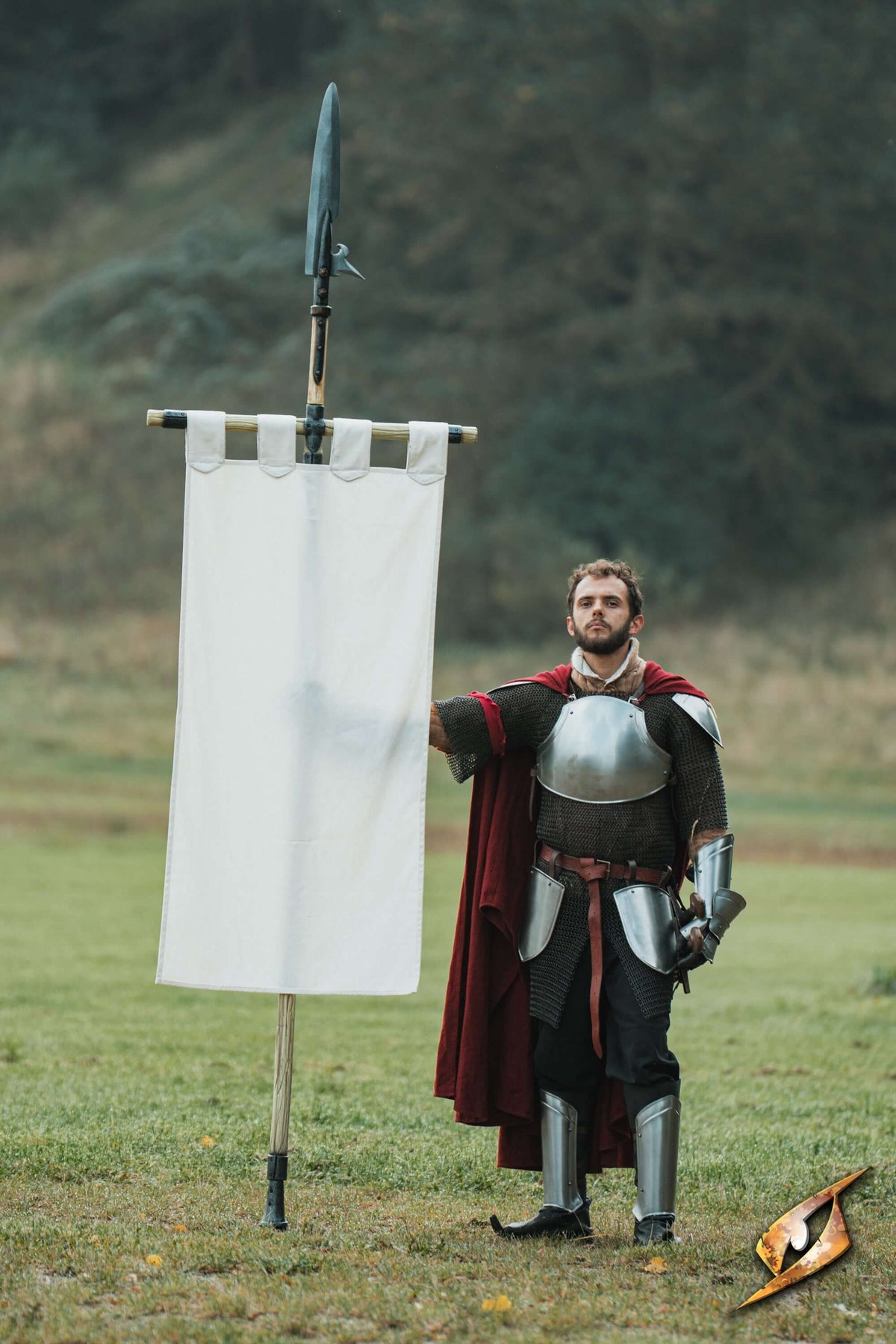 Complete Battle Standard Set - Fauchard Top displayed with a knight in armor holding a banner on a grassy field.