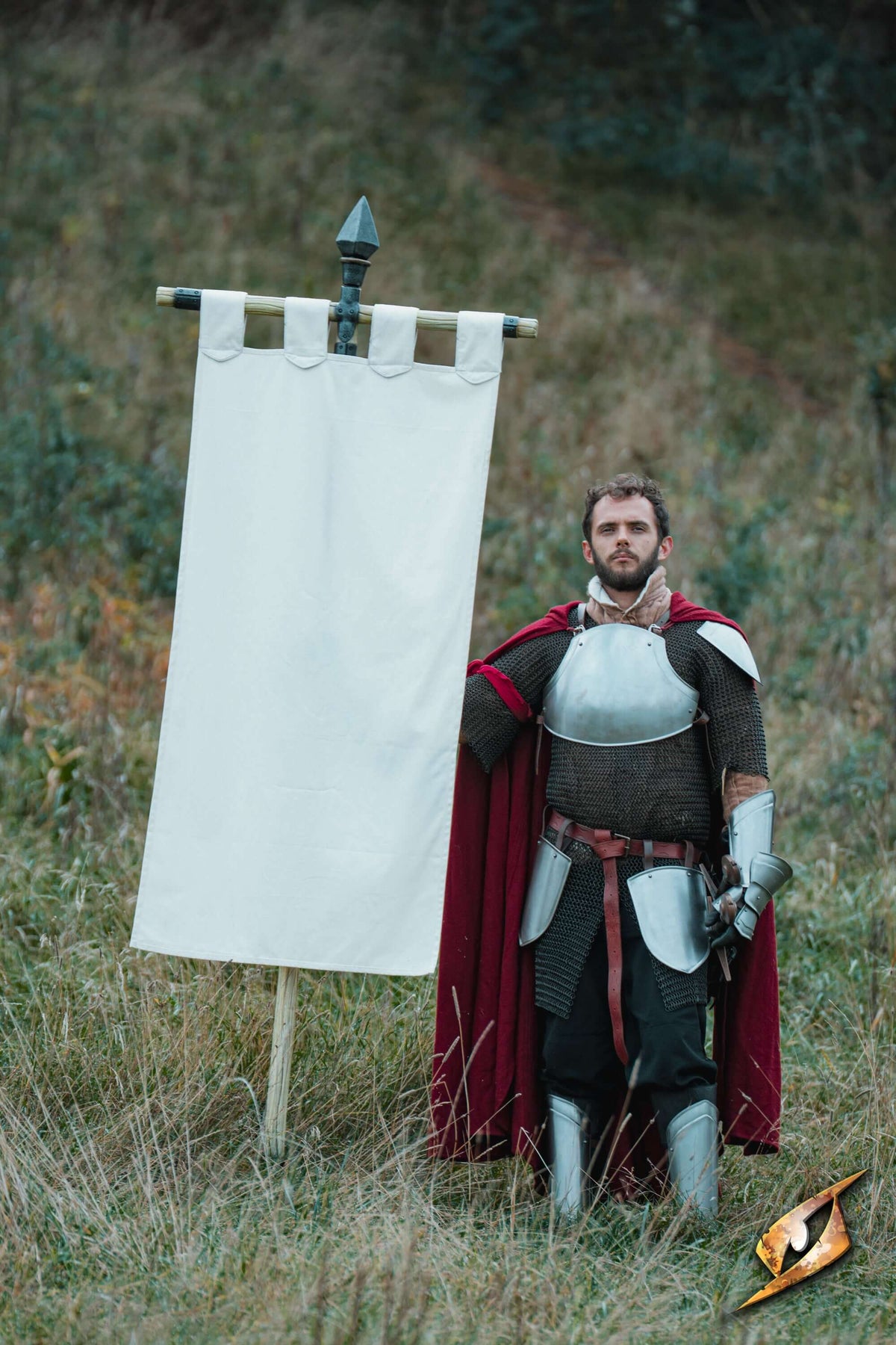 Complete Battle Standard Set - Spear Top displayed with a soldier in armor on a grassy field.