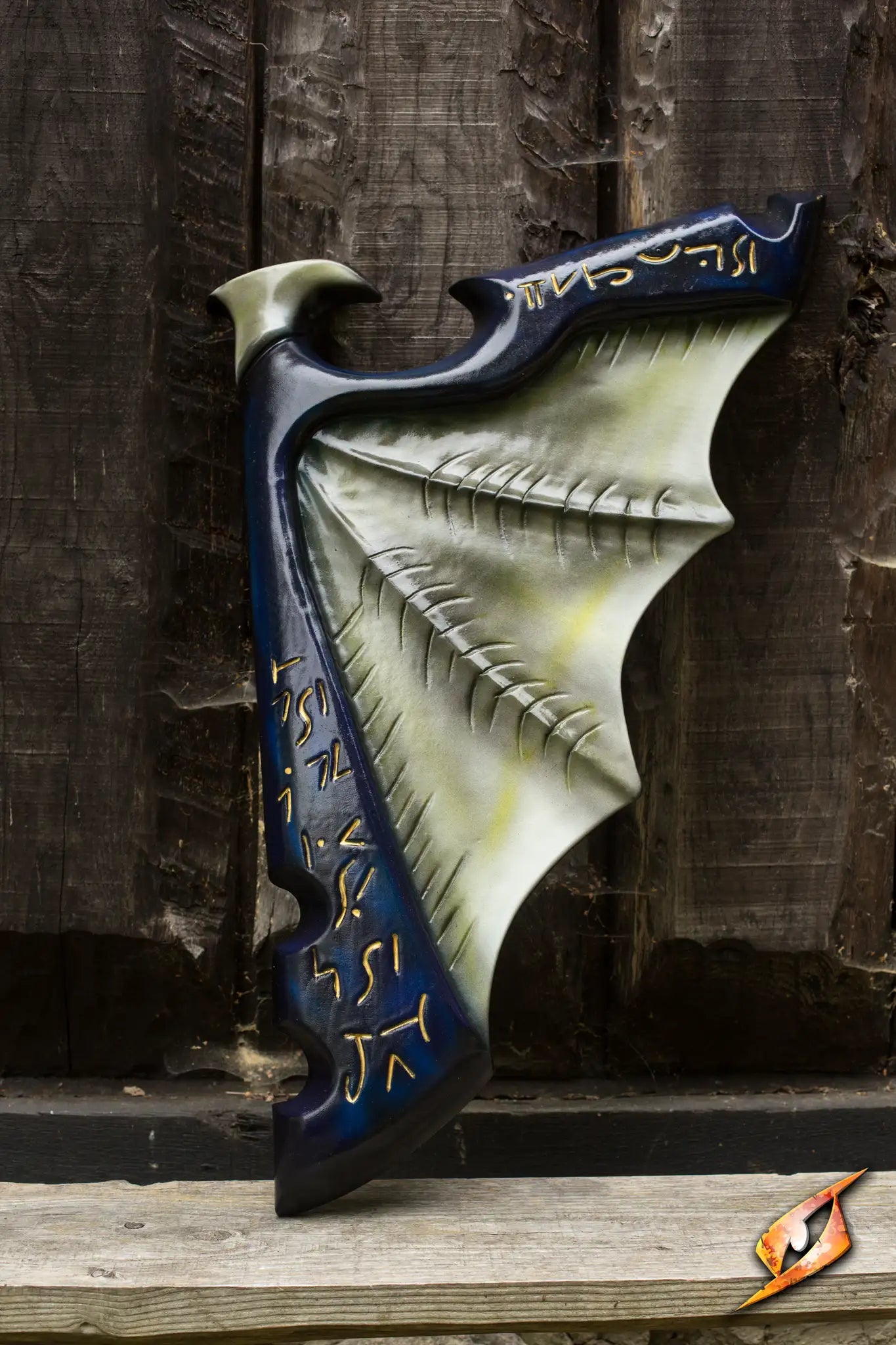 Wing Shield by Epic Armoury, dark blue reptile wing design with golden runes, perfect for dark themed characters.