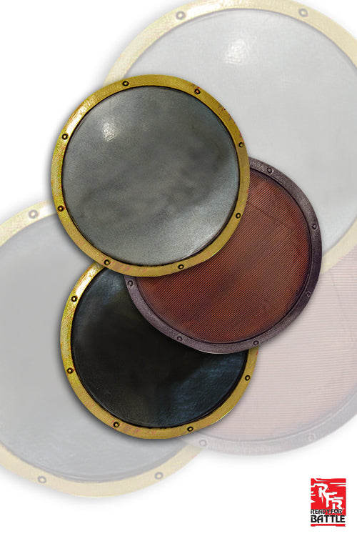 2Q - RFB Buckler displays assorted handmade shields with distinct colors and finishes for LARP use.