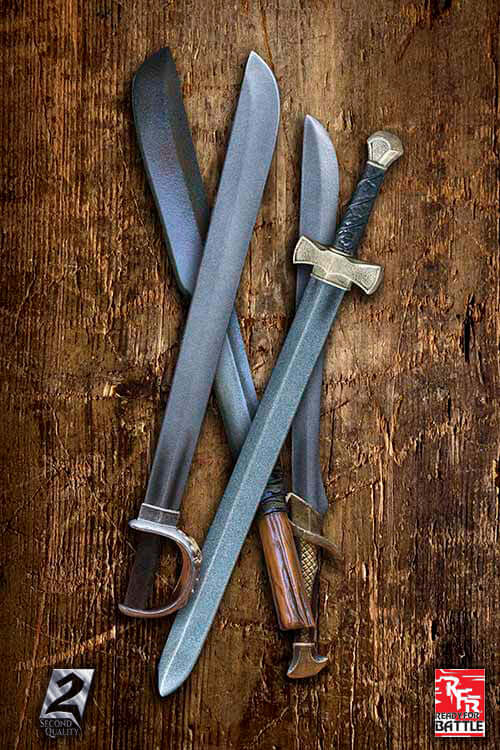2Q - RFB Basic Sword - Hybrid - 65-75 cm displayed among other handmade LARP weapons on a wooden surface.