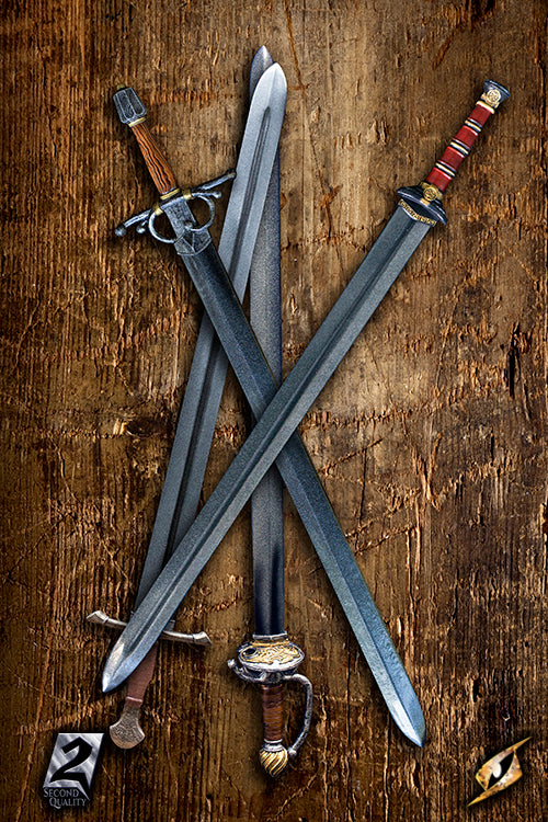 2Q - Long Swords - Hybrid - 90-120 cm displayed on wooden background, showcasing handmade craftsmanship.