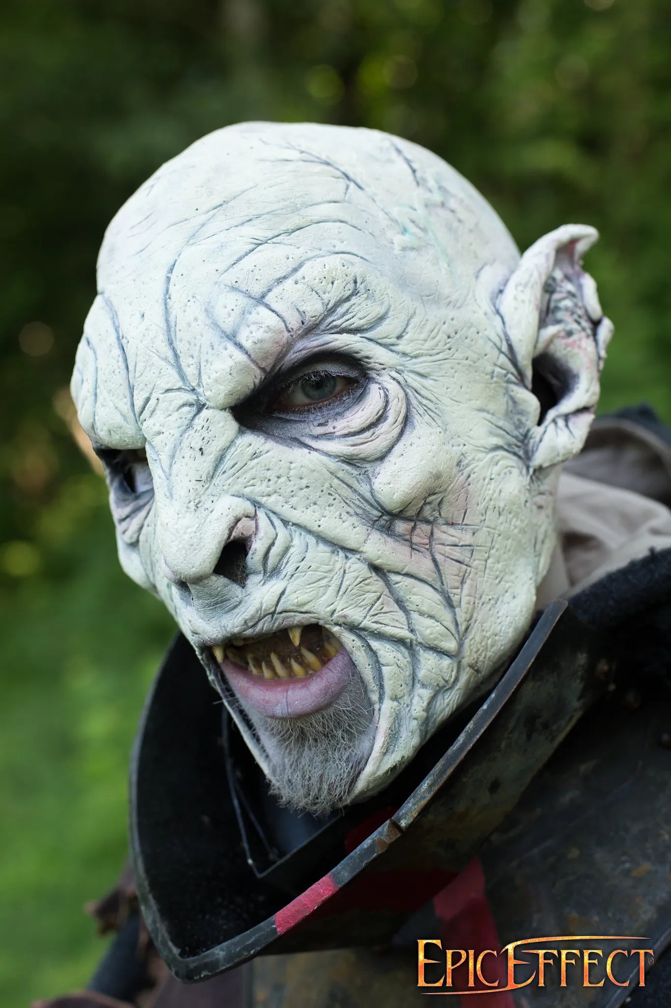 A detailed close-up of a Beastial Orc mask showcasing eerie features and textures.