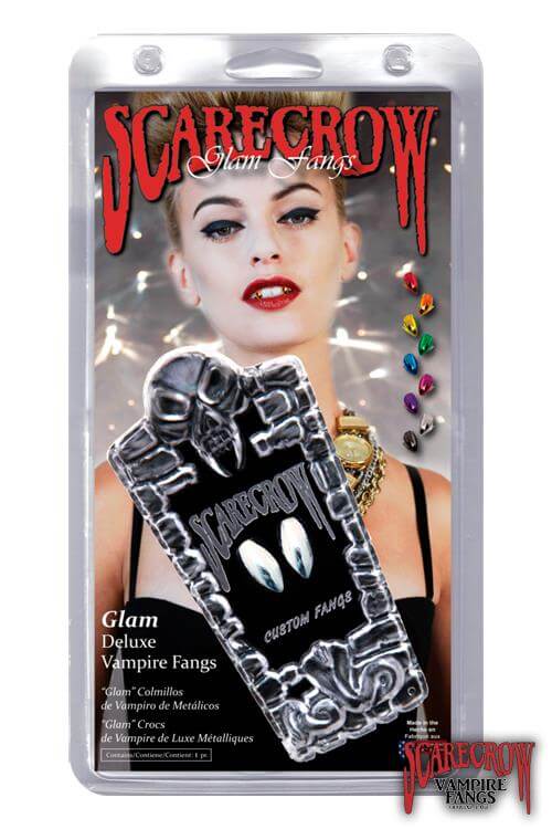 ScareCrow Vampire Fangs - Classic packaging featuring glam deluxe fangs for a spooky Halloween look.