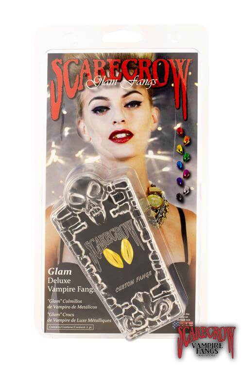 ScareCrow Vampire Fangs - Classic packaging featuring Glam Deluxe Vampire Fangs and model with costume makeup.