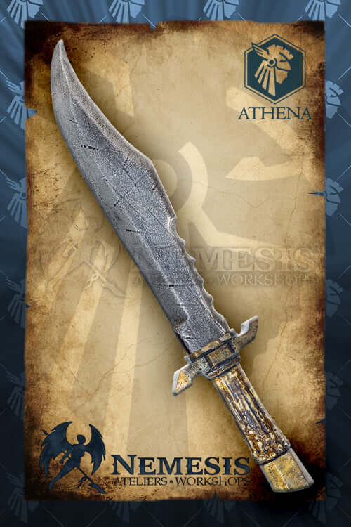 Bowie knife displayed on an ornate background, showcasing its intricate design and craftsmanship.