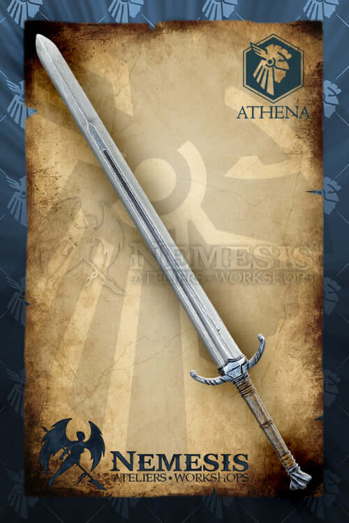 Weapons Master's Sword on a vintage background; 110 cm notched blade with intricate detailing.