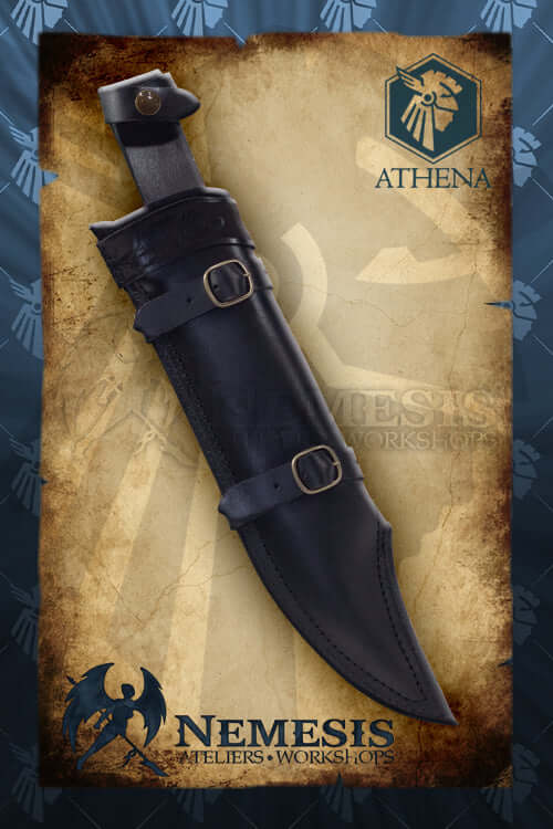 Athena Scabbard - Bowie knife displayed against a textured background with Nemesis logo.